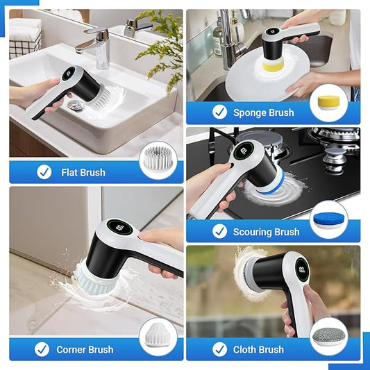 Electric Spin Scrubber, Cordless Shower Scrubber with Battery Level Display, 2 Speeds Electric Scrubber for Cleaning with 6 Replaceable Heads, Cleaning Brush