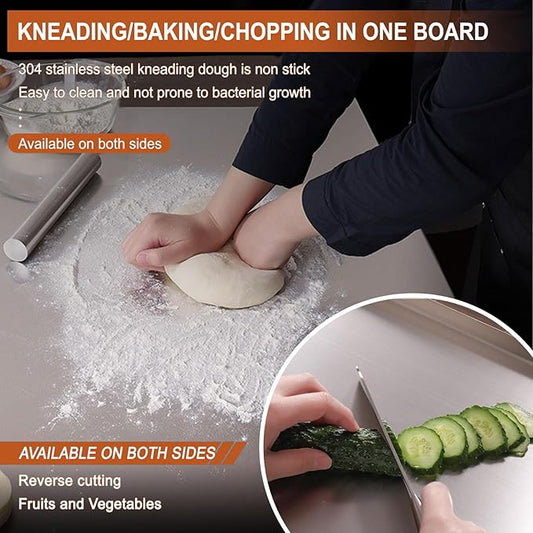 304 Stainless Steel Chopping Boards with Lip and Non-slip silicone pad for Countertop Cutting Meats Fruits, Easy To Clean Cutting Board